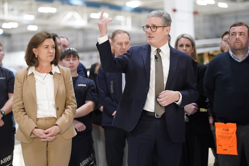 Prime Minister Sir Keir Starmer with First Minister of Wales Eluned Morgan, addressing staff during a visit to Airbus in Broughton, Flintshire on Friday