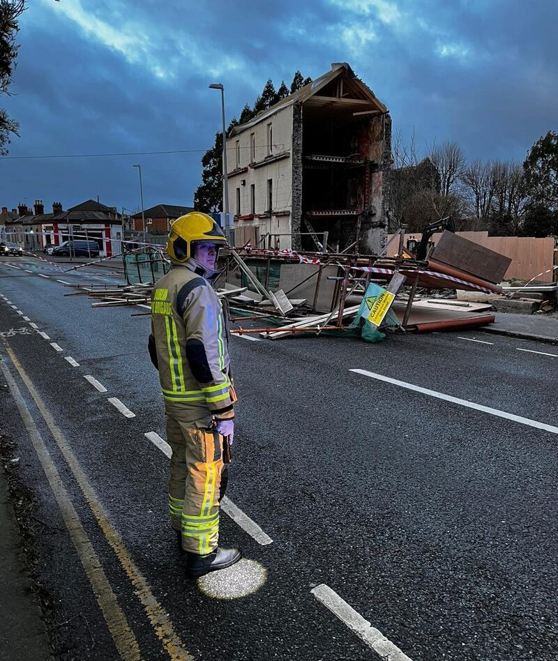 Handout photo issued by Dublin Fire Brigade of collapsed scaffolding blocking Harold's Cross Road in Dublin