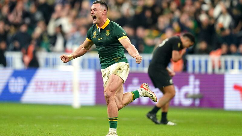 South African outside centre Jesse Kriel celebrates the Springboks one-point victory over the All Blacks in the Rugby World Cup final (Adam Davy/PA)