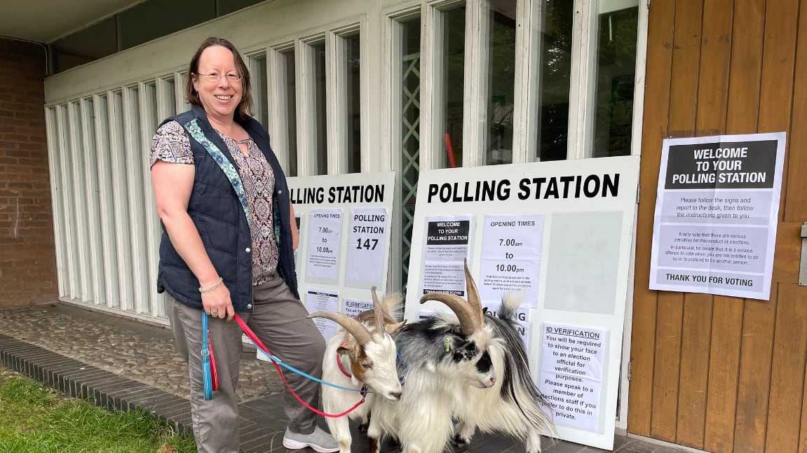 Mary Mantom took her pet goats to the polling station