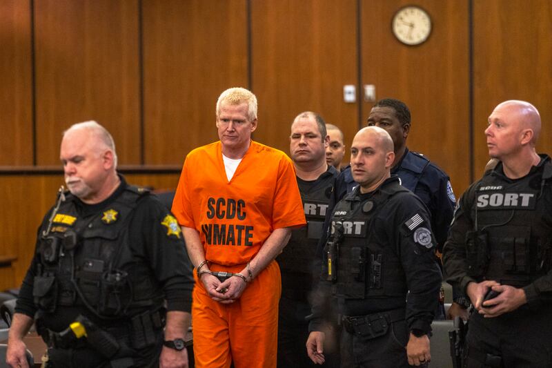 Alex Murdaugh is brought into court during the jury-tampering hearing at the Richland County Judicial Centre, in Columbia, South Carolina on Monday (Andrew J Whitaker/The Post And Courier via AP)