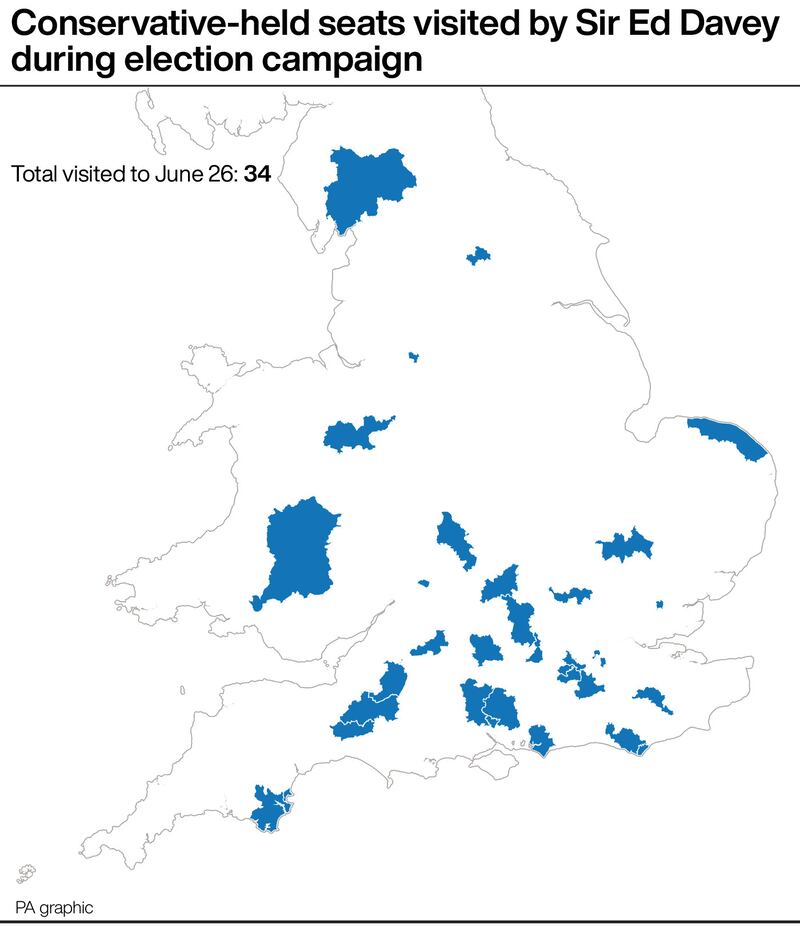 Conservative-held seats visited by Sir Ed Davey during the election campaign