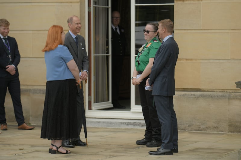 HRH The Duke of Edinburgh, Tim Peake and Hafwen Clarke on West Terrace.