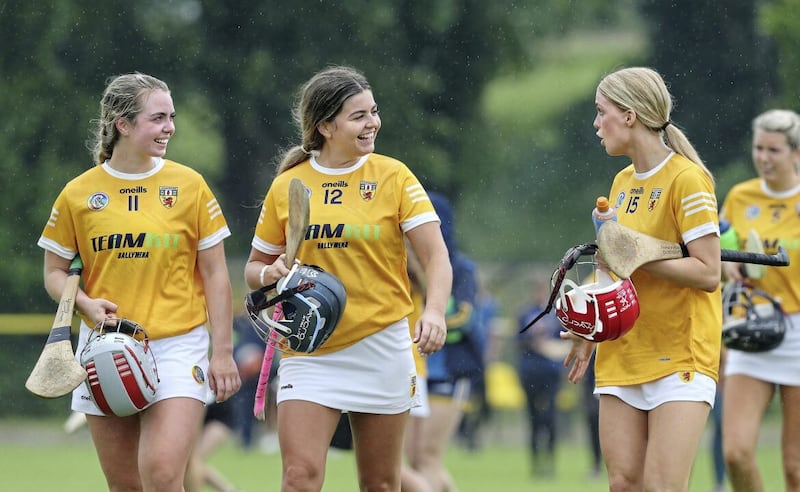 Antrim players Mary McKillen (11), Katie McKillop (12) and Caitrin Dobbin (15)                Picture: Margaret McLaughlin