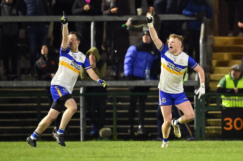 Peter Og McCartan (right) celebrates his winning score for Errigal Ciaran against Kilcoo in the Ulster Club SFC final.