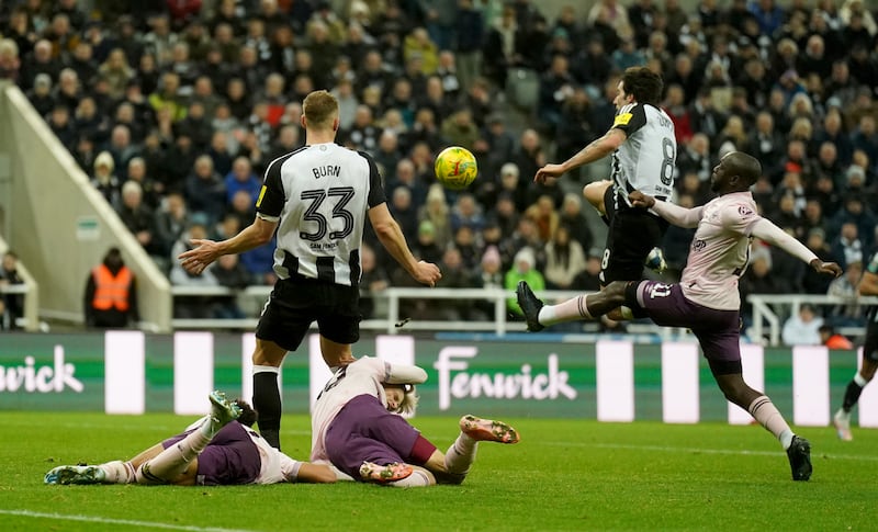 Newcastle’s Sandro Tonali scores his second goal in a 3-1 Carabao Cup quarter-final win over Brentford