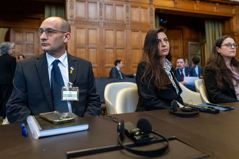 Israel’s deputy attorney general Gilad Noam, left, at the International Court of Justice, in The Hague, Netherlands (Peter Dejong/AP)