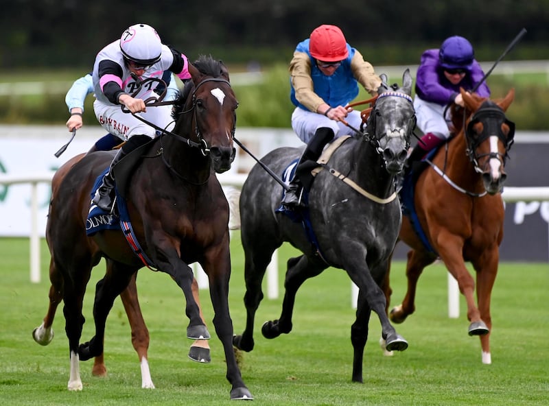 Porta Fortuna (left) ridden by jockey Tom Marquand on their way to winning the Coolmore America 'Justify' Matron Stakes at Leopardstown Racecourse. Picture date: Saturday September 14, 2024. See PA story RACING Leopardstown. Photo credit should read: Healy Racing/PA Wire. RESTRICTIONS: Use subject to restrictions. Editorial use only, no commercial use without prior consent from rights holder.