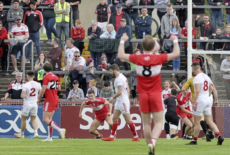 Derry forward Shane McGuigan celebrates after scoring the goal that brought Derry back into the game in the last 10 minutes of of yesterday&#39;s Ulster Championship clash at Healy Park. Picture by Margaret McLaughlin 