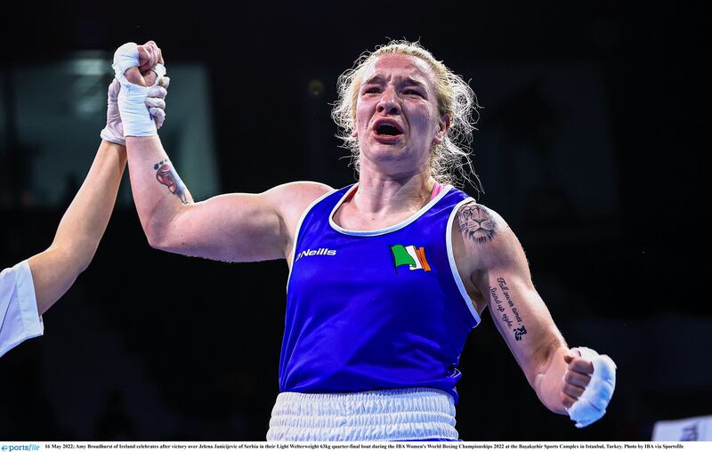 Amy Broadhurst swept to victory over Latvia’s Beatrise Rozentale on Monday night, forcing three standing counts between the second and third rounds to advance with ease. Picture by Sportsfile