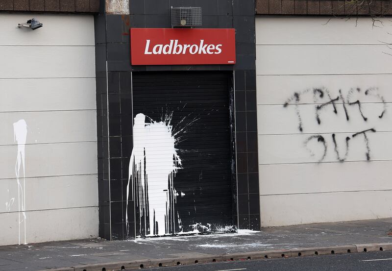 Ladbrokes Bookies on the Donegall Road attacked with paint and daubed with Taigs out. PICTURE: MAL MCCANN