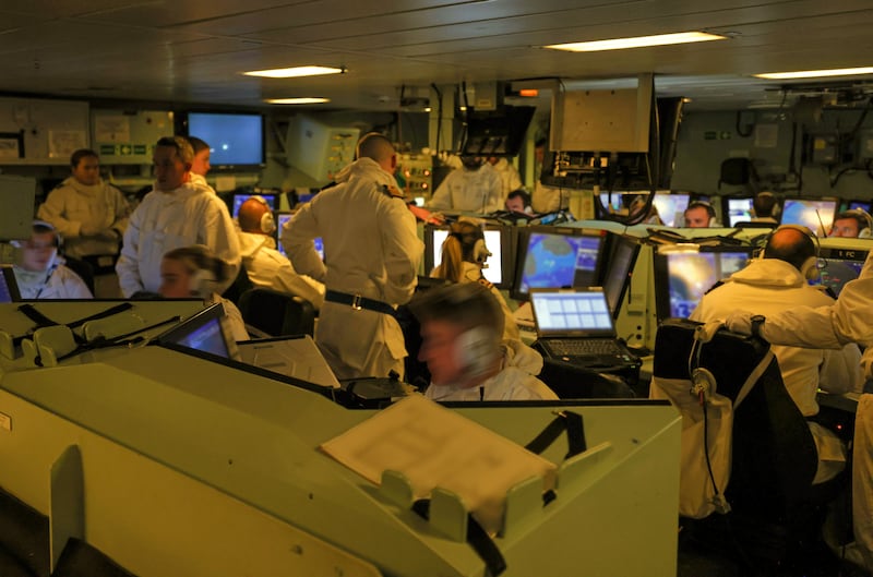 HMS Diamond, seen from the ship’s operations room, before firing her Sea Viper missiles