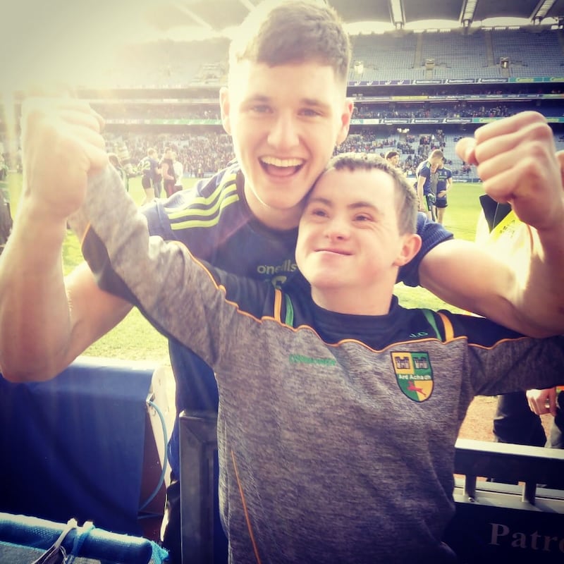 James Carr with his close friend and number one fan, James Gough, after winning the Allianz League title with Mayo in Croke Park.