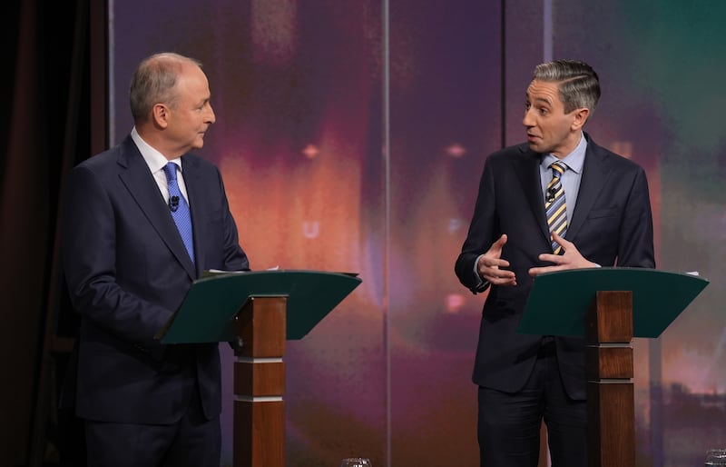 Tanaiste and leader of Fianna Fail, Micheal Martin (left) and Taoiseach and leader of Fine Gael, Simon Harris during the General Election leaders’ debate