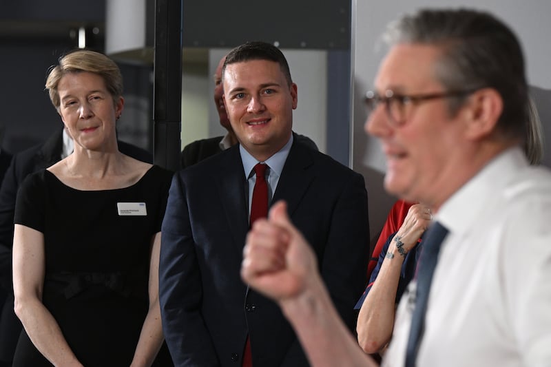 NHS chief executive Amanda Pritchard and Health Secretary Wes Streeting look on as Prime Minister Sir Keir Starmer delivers a speech at the Elective Orthopaedic Centre in Epsom, Surrey