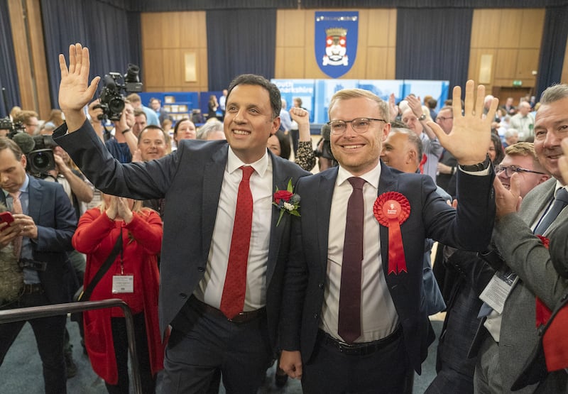 Scottish Labour leader Anas Sarwar with candidate Michael Shanks at the count for the Rutherglen and Hamilton West by-election