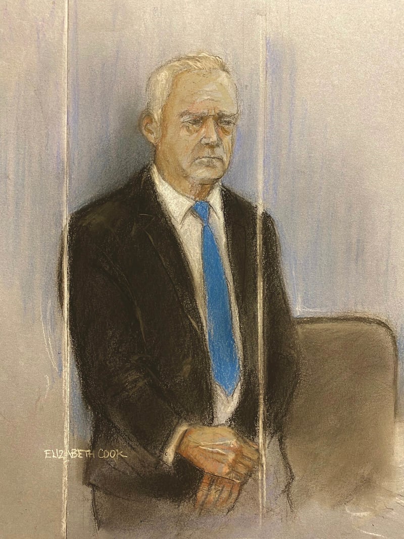 Court artist drawing by Elizabeth Cook of former BBC broadcaster Huw Edwards appearing at Westminster Magistrates’ Court, London