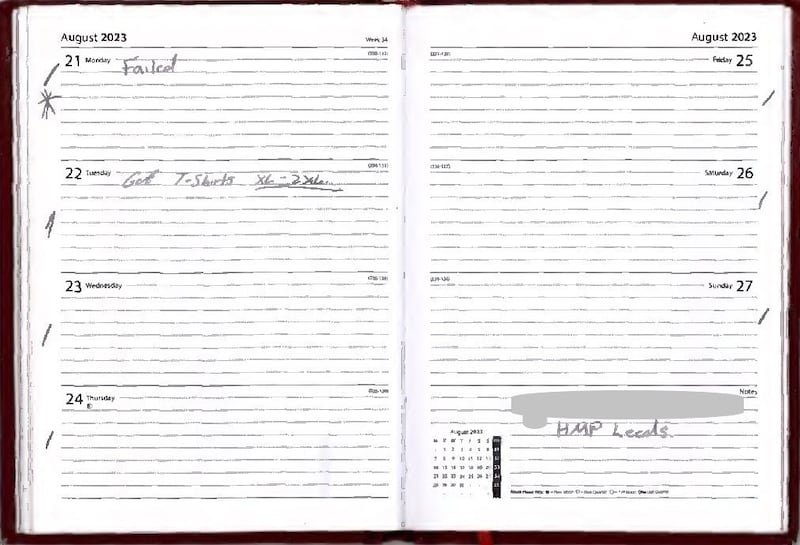 An asterisk and the word ‘failed’ next to the date of August 21 in Daniel Khalife’s prison diary