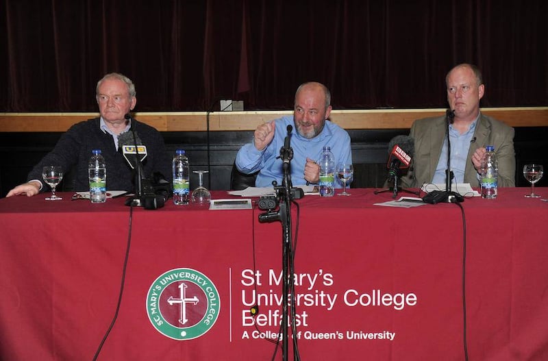 Feile an Phobail - St Mary&#39;s College Belfast - 5th August 2015..PSNI Chief Constable George Hamilton and Martin McGuinness were at St Mary&#39;s College Belfast an open forum discussion and debate about the current and past political issues. The discussion was chaired by  political journalist Brian Rowan..Picture Irish News / Declan Roughan. 