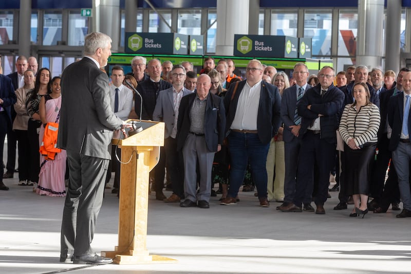 Infrastructure Minister John O'Dowd at Belfast's new Grand Central Station as it opened to the public.
PICTURE: MAL MCCANN