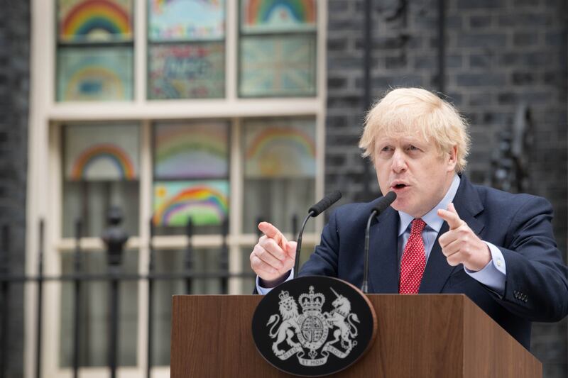 Prime Minister Boris Johnson makes a statement outside 10 Downing Street in April 2020 after spending two weeks recovering from Covid-19