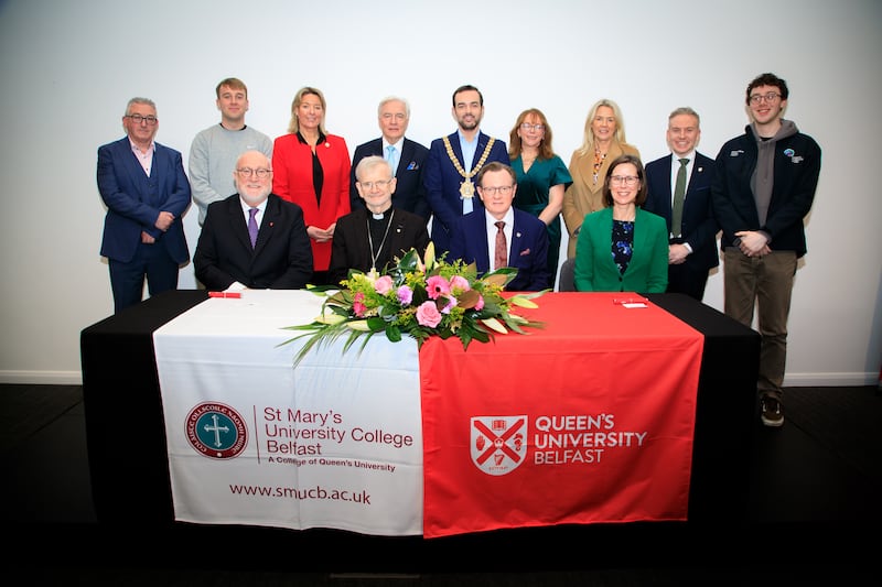 From left to right top: Secretary of St Mary's University College Board Brian McFall, St Mary's University College Student Union President Dáire Stevenson, Vice-President of Students and Corporate Services Caroline Young, Chair of Queen's University Belfast Senate Dr Len O'Hagan, The Rt. hon. Lord Mayor Councillor Micky Murray,  Professor of Innovation Management and Policy Professor Nola Hewitt-Dundas,  Pro-Chancellor of Queen's University Belfast Orla Corr-Nixon, Queen's Vice-President Strategic Engagement and External Affairs Dr Ryan Feeney, Queen's University Belfast Student Union President Kieran Minto (bottom row) St Mary's University College Principal Professor Peter Finn, Most Reverand Alan McGuckian, Queen's Vice-Chancellor Professor Sir Ian Greer and Queen's Professor Judy Williams.