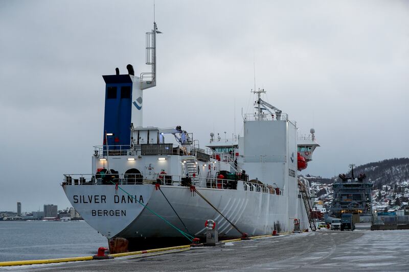 The Norwegian-owned ship Silver Dania in the port of Tromso, Norway (Rune Stoltz Bertinussen/NTB via AP)