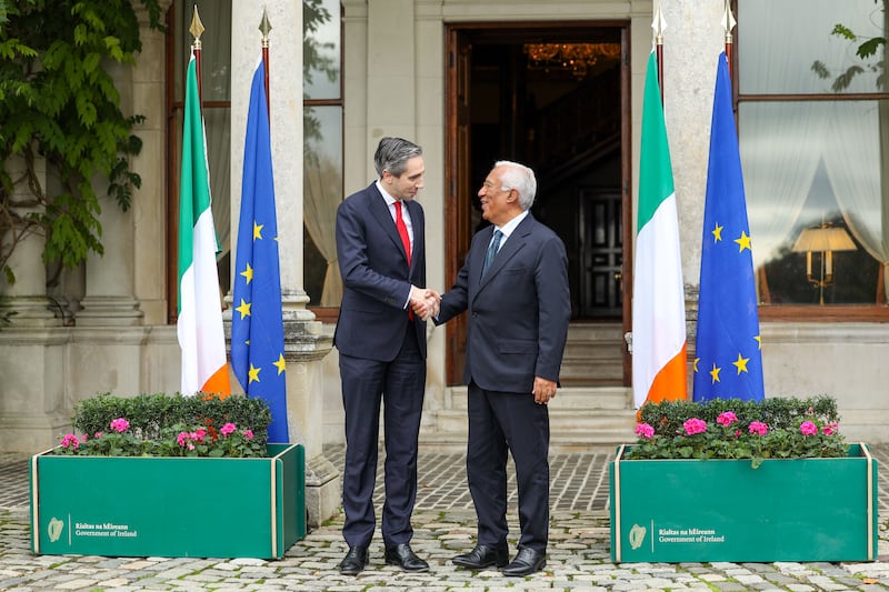 Taoiseach Simon Harris welcoming the incoming President of the European Council, António Costa in Farmleigh House earlier today Tuesday 29 October 2024. Costa was in Dublin as part of his tour of European capitals prior to taking up his new position on 1 December, 2024.Photograph: Government Information Service