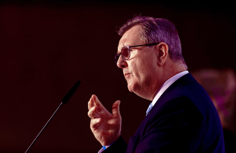 DUP leader Sir Jeffrey Donaldson delivers his keynote speech during his party’s annual conference at the Crowne Plaza Hotel.