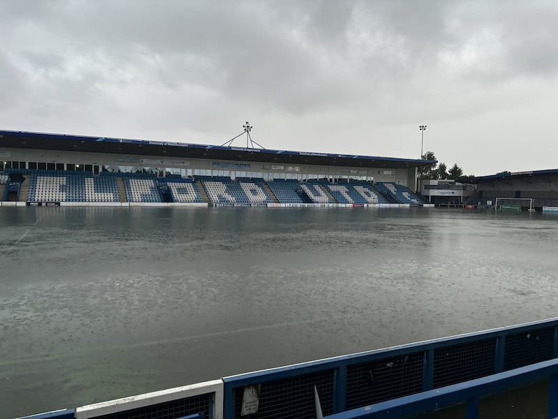 Flooding at the SEAH Stadium, home to Telford United football grounds, in Wellington in Shropshire