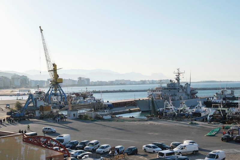 The Italian navy ship Libra is docked at Shengjin port (Vlasov Sulaj/AP)