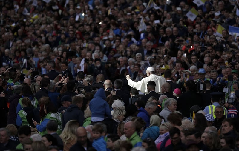 Pope Francis makes his way through the audience at Croke Park Stadium in Dublin, during the Festival of Families event, as part of his visit to the Republic&nbsp;