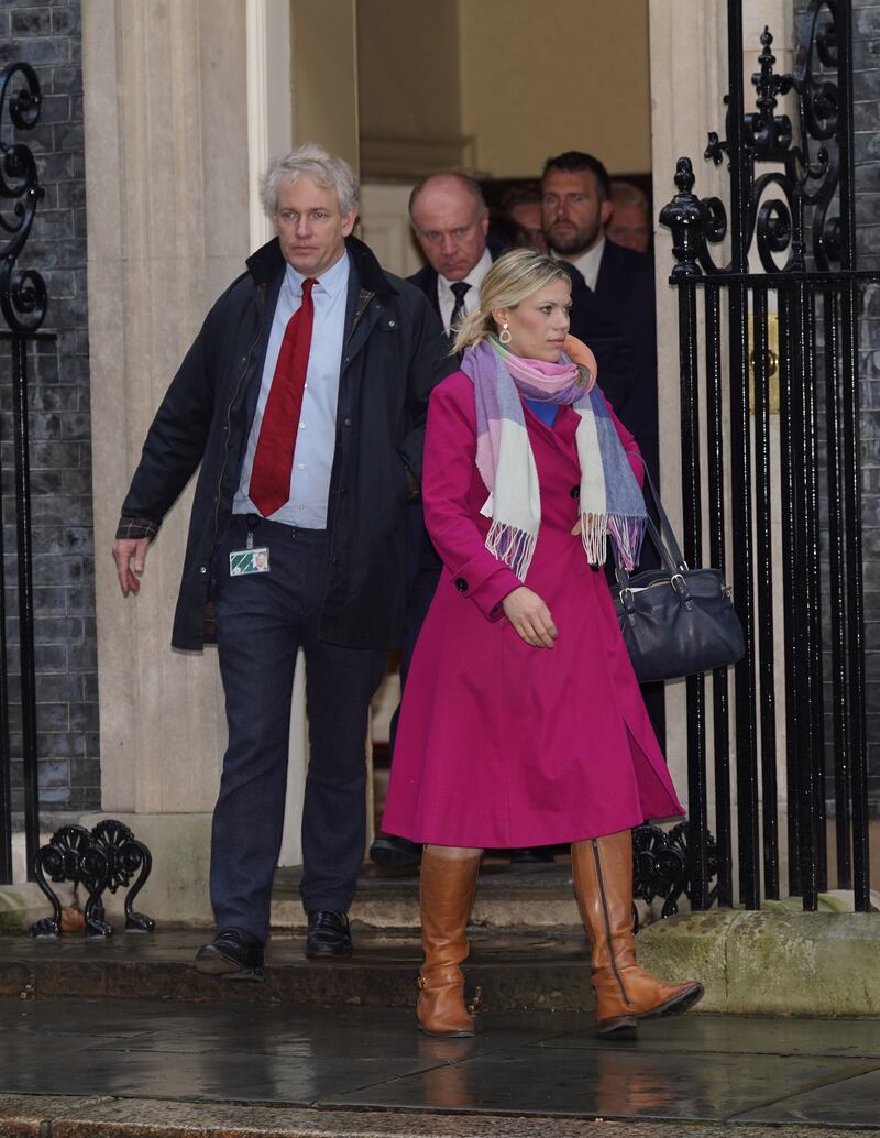 Conservative MPs Danny Kruger, Marco Longhi, Jonathan Gullis, and Miriam Cates leaving Downing Street after their breakfast summit with Rishi Sunak