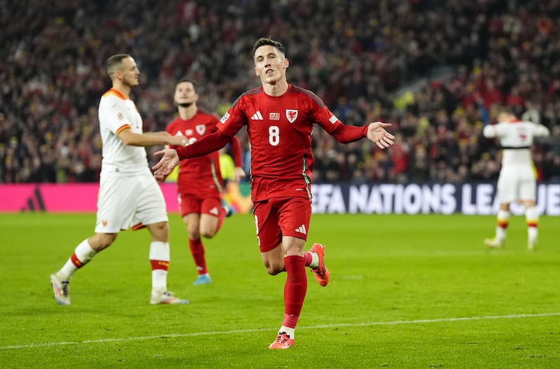 Wales’ Harry Wilson celebrates scoring from the penalty spot against Montenegro