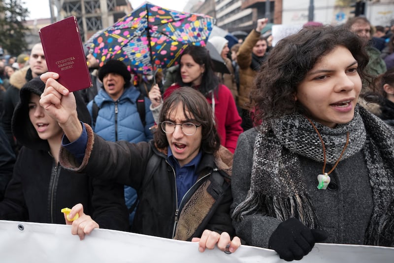 University students joined calls for a general strike after months of protests over the collapse of a concrete canopy that killed 15 people in Belgrade (Darko Vojinovic/AP)