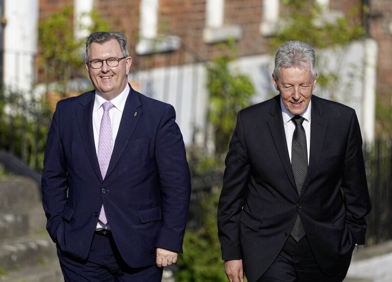 DUP leader Sir Jeffrey Donaldson and former leader Peter Robinson arrive for a diner at Hillsborough Castle at the end of an international conference marking the 25th anniversary of the Good Friday Agreement 