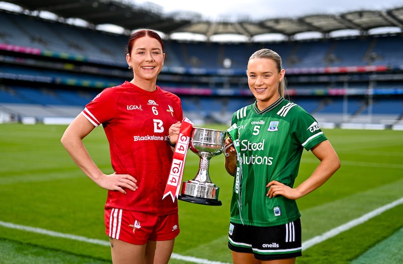 In attendance during the captains day ahead of the 2024 TG4 All-Ireland Ladies Football Championship Finals at Croke Park in Dublin is the Junior Championship contenders Louth captain Áine Breen, left, and Fermanagh captain Shannan McQuade. Photo by Ben McShane/Sportsfile