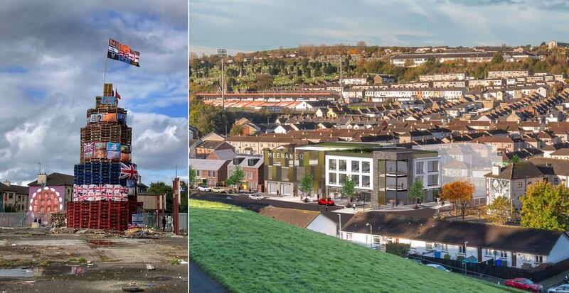 The Meenan Square site (left) pictured in August 2024 and (right), how the developers envision it will look in the future.