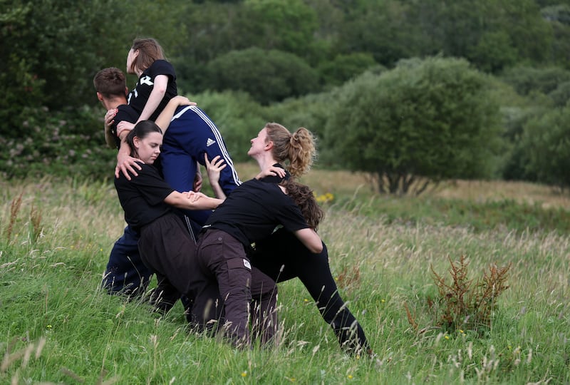 Dancers Sarah Flavelle, Rosie Mullin, Clara Kerr, Harry Wilson and Ed Mitchell from Off The Rails Dance Company.
PICTURE COLM LENAGHAN