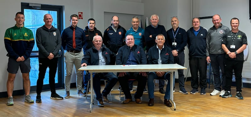 Representatives from the Armagh County Board, Ulster Schools' GAA, Armagh post-primary schools and sponsors Surefreight at the Athletic Grounds to launch the year eight, nine and 10 Gaelic Football competitions