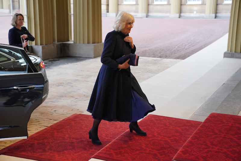 The Queen missed the outdoor ceremonial welcome but waited for the Emir of Qatar and his wife inside Buckingham Palace