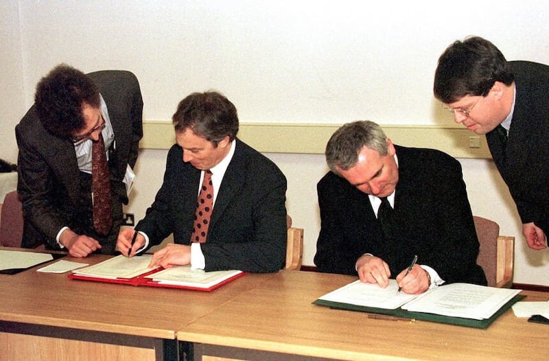 Tony Blair and Bertie Ahern signing the Good Friday Agreement in 1998. Picture by John Giles/PA