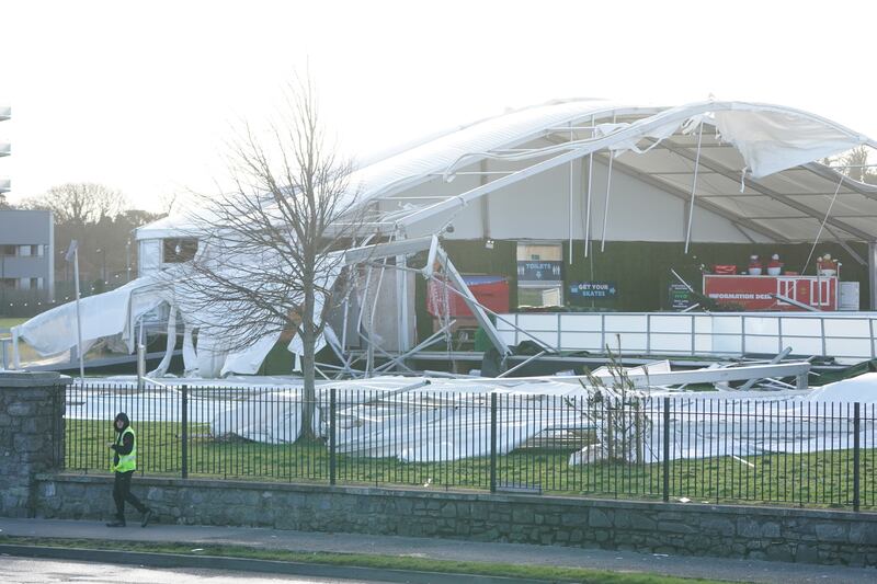 An ice skating facility in Blanchardstown was destroyed after strong winds tore the structure apart. PICTURE: BRIAN LAWLESS/PA WIRE