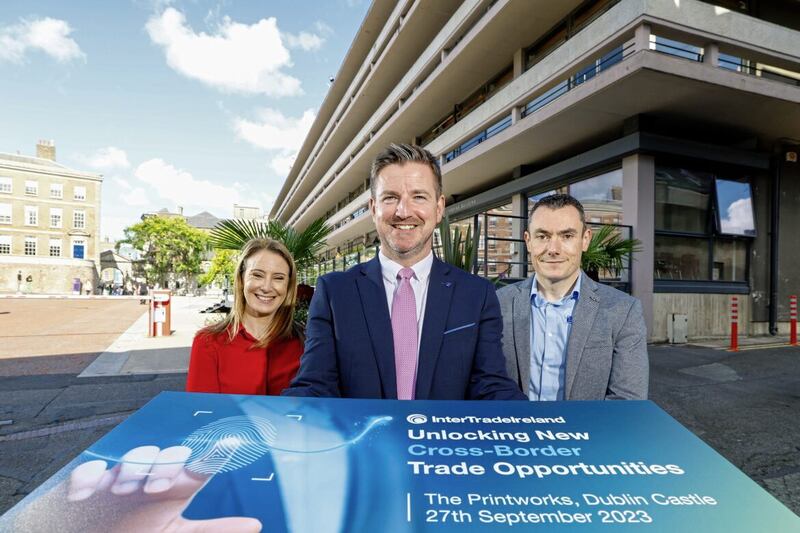 Launching the &lsquo;Unlocking New Cross-Border Trade Opportunities&rsquo; conference taking place on September 27 are (from left) Dr Loretta O&rsquo;Sullivan, chief economist, EY Ireland; Colin McCabrey, director of trade, InterTradeIreland; and Ronan Callan, director of operations, Exact Group NI 