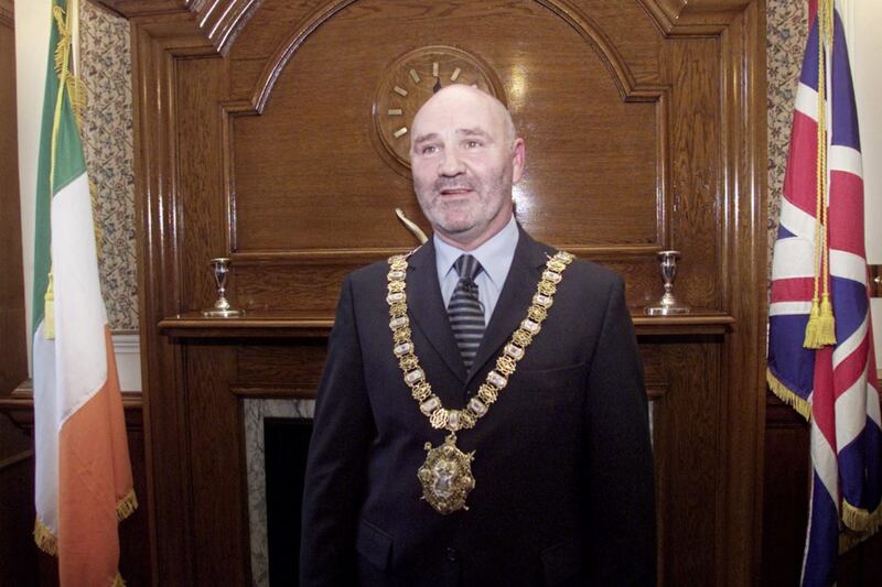 Alex Maskey made history when he was elected as Belfast&#39;s first Sinn F&eacute;in Lord Mayor in 2002. He brought the Tricolour into his City Hall office alongside the Union Flag. Picture by Hugh Russell 