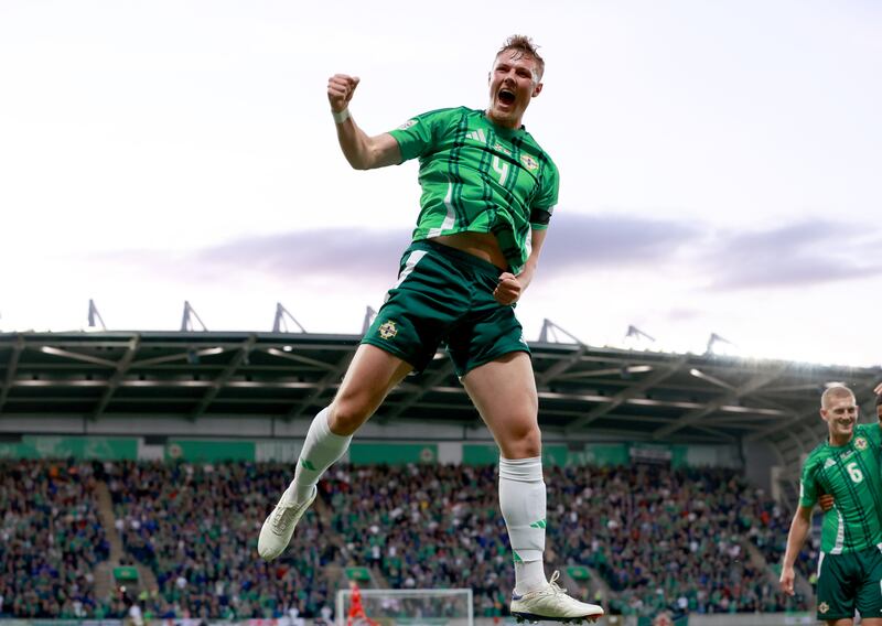 Daniel Ballard celebrates scoring Northern Ireland’s second against Luxembourg