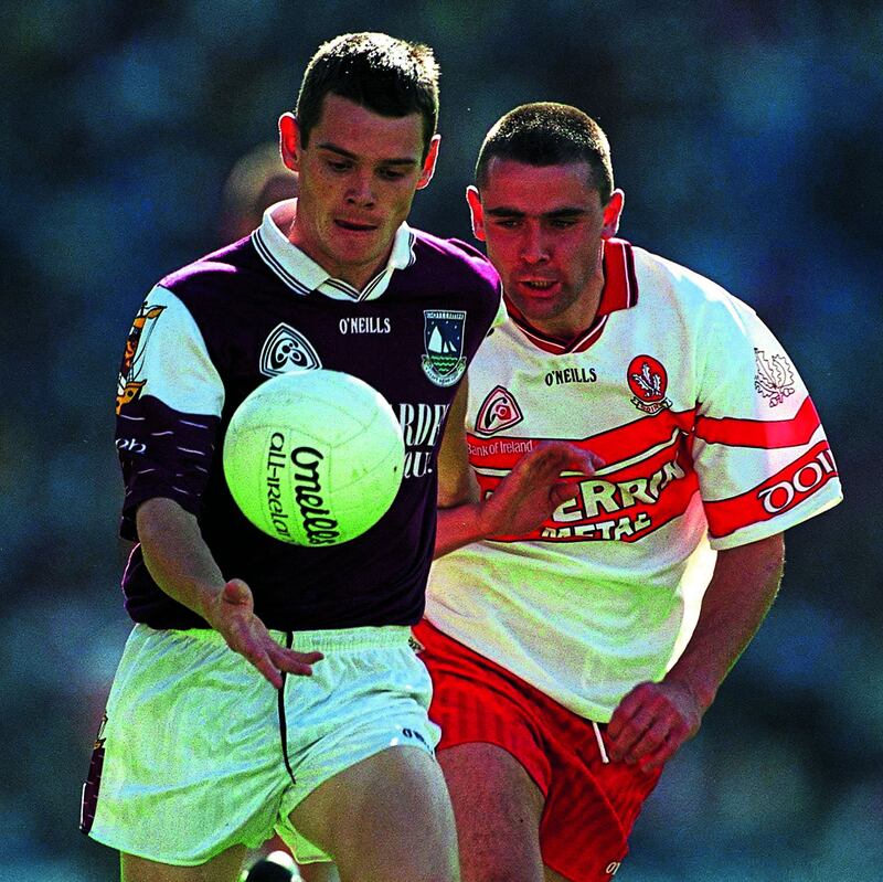 Ciaran McNally of Derry pursues Galway&rsquo;s Declan Meehan in the All-Ireland SFC semi-final of 2001 at Croke Park. Eamonn Coleman pursued McNally until he finally convinced him to join the panel halfway through that season, and it was the Bellaghy man's injury that coincided with Derry's late collapse against the Tribe.&nbsp;Picture: Sportsfile