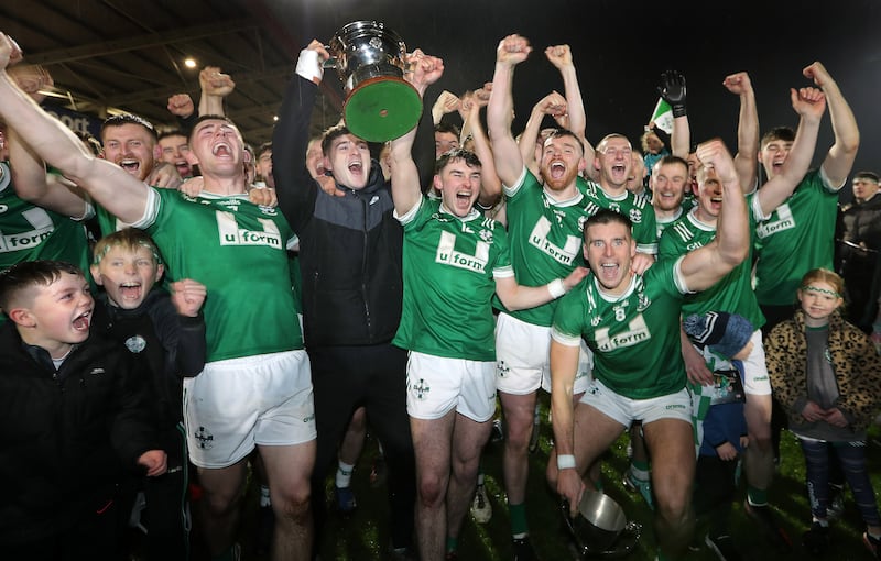 Newbridge get the celebrations underway after beating champions Glen in the Derry SFC final at Celtic Park on Sunday 27th October 2024