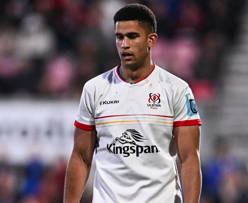 6 April 2024; Cormac Izuchukwu of Ulster during the United Rugby Championship match between Ulster and Benetton at Kingspan Stadium in Belfast. Photo by Ben McShane/Sportsfile