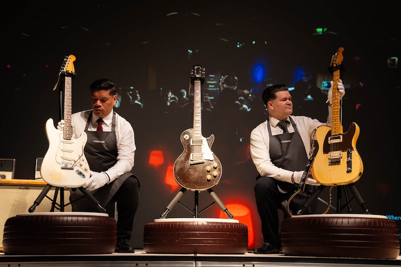 (left to right) A 1960 Fender Stratocaster known as ‘Anoushka’, a 1954 Gibson Les Paul know as ‘The Oxblood’ and a 1956 Fender Telecaster known as ‘The Tele-Gib’